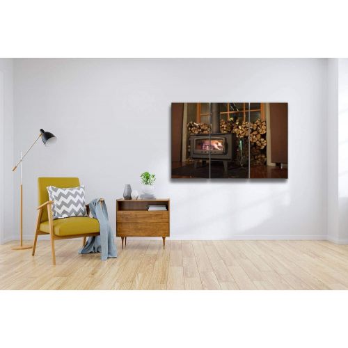  HABEN Artwork Wood Burning Stove Flaming fire Charcoal Print On Canvas Wall Artwork Modern Photography Home Decor Unique Pattern Stretched and Framed 3 Piece