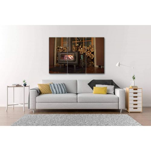  HABEN Artwork Wood Burning Stove Flaming fire Charcoal Print On Canvas Wall Artwork Modern Photography Home Decor Unique Pattern Stretched and Framed 3 Piece
