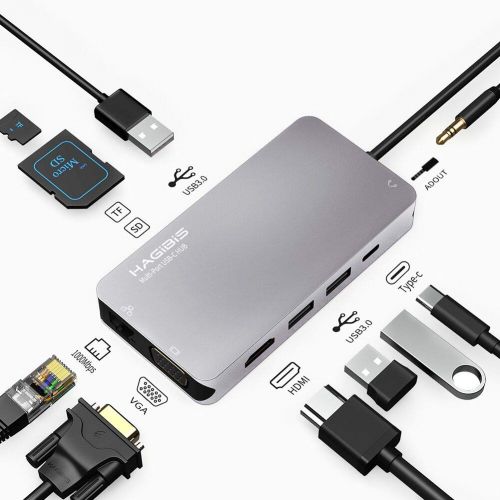  HAGIBISTECH USB C Hub, Hagibis 10 in 1 Type-C Hub with Gigabit Ethernet Port, USB C to 3 USB 3.0 Ports, 4K HDMI, VGA, SD/TF Card Reader, Type-C PD Charging and AUX Port for MacBook Pro and Oth