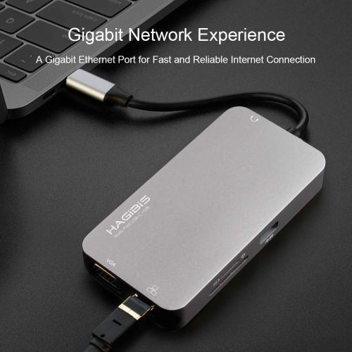  HAGIBISTECH USB C Hub, Hagibis 10 in 1 Type-C Hub with Gigabit Ethernet Port, USB C to 3 USB 3.0 Ports, 4K HDMI, VGA, SD/TF Card Reader, Type-C PD Charging and AUX Port for MacBook Pro and Oth