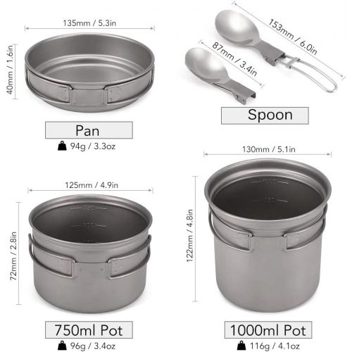  HAHFKJ Camping Titanium Cookware Set 1000ml 750ml Pot Pan Spoon Set for Outdoor Camping Hiking Backpacking Picnic Cooking Equipment