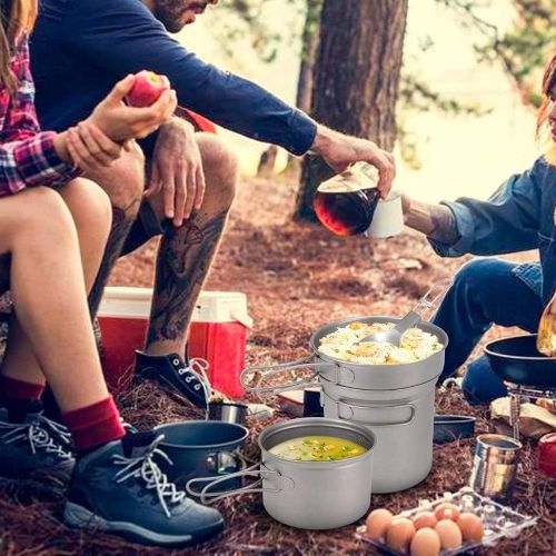  HAHFKJ Camping Titanium Cookware Set 1000ml 750ml Pot Pan Spoon Set for Outdoor Camping Hiking Backpacking Picnic Cooking Equipment