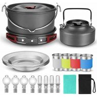 HAHFKJ Camping Cookware 22-Piece Mess Kit, Large Hanging Pot Pan Kettle, Spoon Set for Outdoor Camping Hiking and Picnic