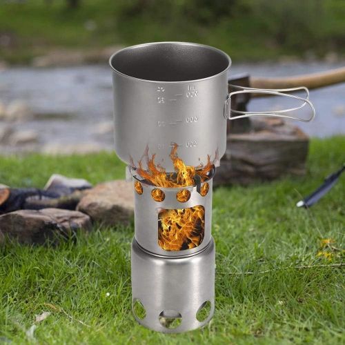  HAHFKJ Titanium Camping Cookware Set Outdoor Wood Stove Outdoor Pot Folding Backpacking Camping Stove with 1100ml Pot Camping Tableware