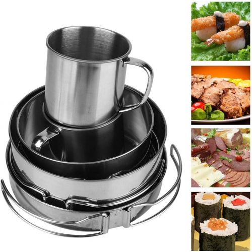  HAHFKJ 8 Piece Stainless Steel BBQ Bowl Camping Cookware Picnic Portable Outdoor Folding Pot Set Environmental Durable