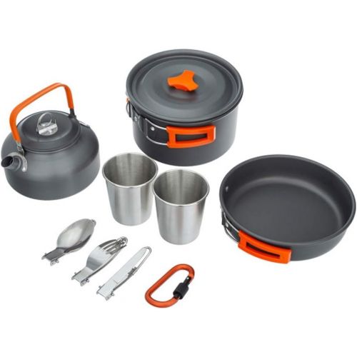  HAHFKJ Camping Cookware Set Lightweight Portable Camping Pan Kettle Cups Outdoor Spoon Fork Cutter Outdoor Tableware for Picnic Hiking (Color : Orange)