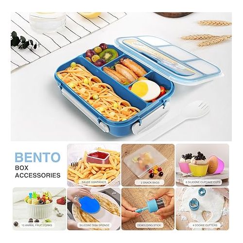  Kids Lunch Box, 28Pcs Bento Lunch Box Accessories 1300ML 4 Compartments Leak Proof Lunch Container for Adult with Cookie Cutters Silicone Cupcake Liners Lunch Bag Fruit Forks Blue