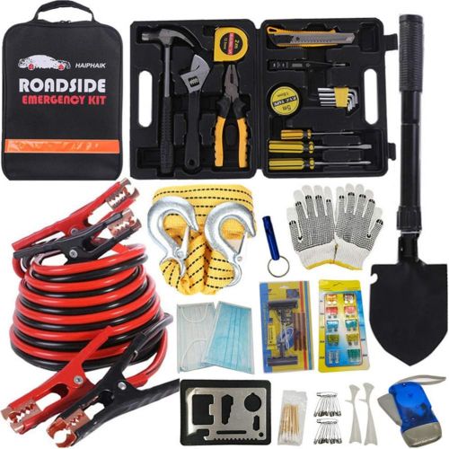  HAIPHAIK Emergency Roadside Toolkit - Multipurpose Emergency Pack Car Premium Road Kit Essentials Jumper Cables Set 11.8 Foot (Upgrade) Emergency Roadside Kit 124 Pieces