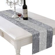 HALOViE 13 x 90 Inch Table Runner, Rectangular Coffee Dining Table Cloth Dresser Runners with Diamante Strip for Home Kitchen Christmas Party Wedding Decorations Gray
