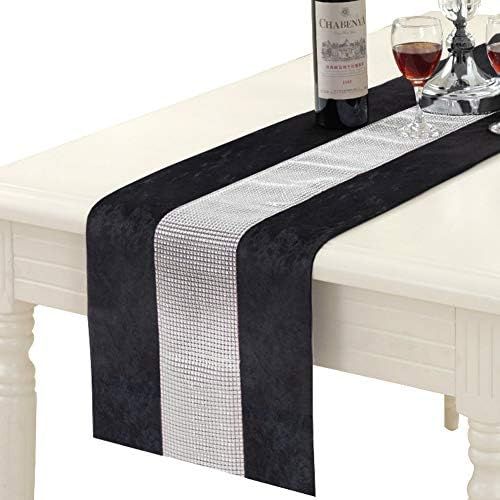  [아마존베스트]HALOViE 13 x 90 Inch Table Runner, Rectangular Coffee Dining Table Cloth Dresser Runners with Diamante Strip for Home Kitchen Christmas Party Wedding Decorations Black