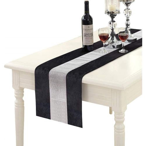  [아마존베스트]HALOViE 13 x 90 Inch Table Runner, Rectangular Coffee Dining Table Cloth Dresser Runners with Diamante Strip for Home Kitchen Christmas Party Wedding Decorations Black