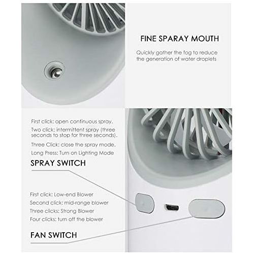  [아마존베스트]Hamkaw Mini Portable Fan with Spray Water 3 in 1 Multifunctional Silent Rechargeable Night Light Convenient for Home/Office/Camping/Car - White