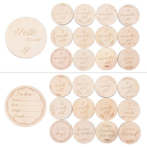  [아마존베스트]HAN-MM Baby Monthly Milestone Wooden Card, Double Sided Discs, Milestone Stickers Blocks, Milestones Set of 13: Includes 12 Cards (4.1 Inch) and 1 Customizable Birth Card(5.7 Inch) with D