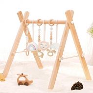 [아마존베스트]HAN-MM Wood Baby Gym with 3 Wooden Baby Teething Toys Foldable Baby Play Gym Frame Activity Gym Hanging Bar Newborn Gift Baby Girl and Boy Gym (Natural Color)