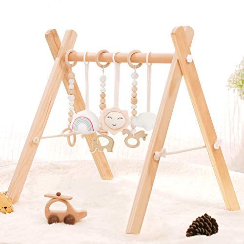  [아마존베스트]HAN-MM Wood Baby Gym with 3 Wooden Baby Teething Toys Foldable Baby Play Gym Frame Activity Gym Hanging Bar Newborn Gift Baby Girl and Boy Gym (Natural Color)