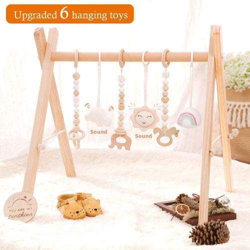  [아마존베스트]HAN-MM Wood Baby Gym with 3 Wooden Baby Teething Toys Foldable Baby Play Gym Frame Activity Gym Hanging Bar Newborn Gift Baby Girl and Boy Gym (Natural Color)