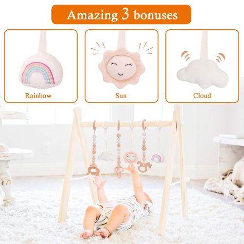  [아마존베스트]HAN-MM Wood Baby Gym with 3 Wooden Baby Teething Toys Foldable Baby Play Gym Frame Activity Gym Hanging Bar Newborn Gift Baby Girl and Boy Gym (Natural Color)