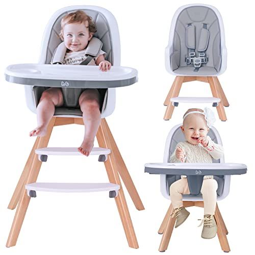  HAN-MM Baby High Chair with Removable Gray Tray, Wooden High Chair, Adjustable Legs, Harness, Feeding Baby High Chairs