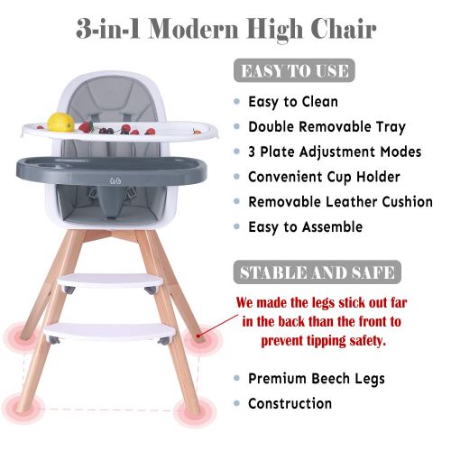  HAN-MM Baby High Chair with Removable Gray Tray, Wooden High Chair, Adjustable Legs, Harness, Feeding Baby High Chairs