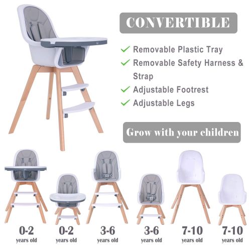  HAN-MM Baby High Chair with Removable Gray Tray, Wooden High Chair, Adjustable Legs, Harness, Feeding Baby High Chairs