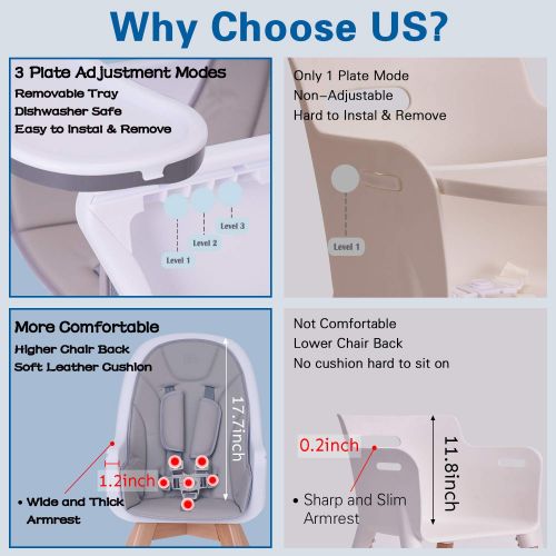  HAN-MM Baby High Chair with Removable Gray Tray, Wooden High Chair, Adjustable Legs, Harness, Feeding Baby High Chairs