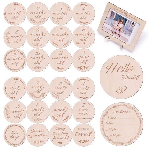  HAN-MM Baby Monthly Cards Wooden Cards, Double Sided Discs,Baby Gift Sets, Stickers Blocks, Set of 13: Includes 12 Cards (4.1 Inch) and 1 Customizable Birth Card(5.7 Inch) with Dra