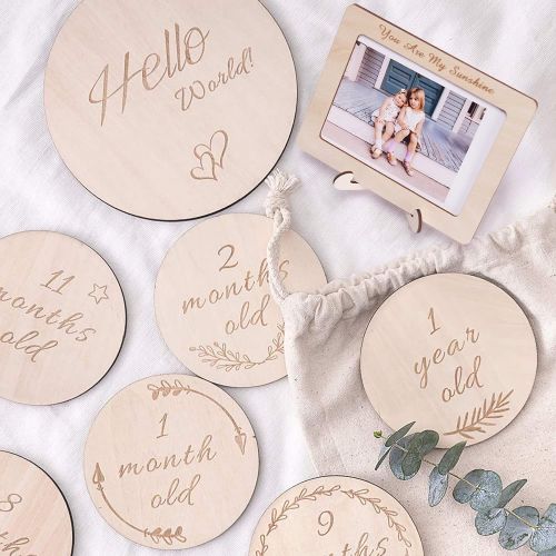  HAN-MM Baby Monthly Cards Wooden Cards, Double Sided Discs,Baby Gift Sets, Stickers Blocks, Set of 13: Includes 12 Cards (4.1 Inch) and 1 Customizable Birth Card(5.7 Inch) with Dra