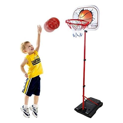  [아마존베스트]HANMUN Basketball Hoop for Kids Set Adjustable Portable Basketball Set 2-in-1 2019 TOP19044 Kids Basketball Stand Sport Game Play Set Net , Ball and air Pump Inclued 3+ Years Toddl