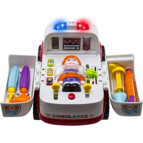  HANMUN Ambulance Rescue Vehicle Toy Car - Opening Doors Play Kit with Lights Music and Sounds Siren, 4 Equipments for Pretend Doctor Patient Medical Playset Learning Toy for Toddlers, Kid