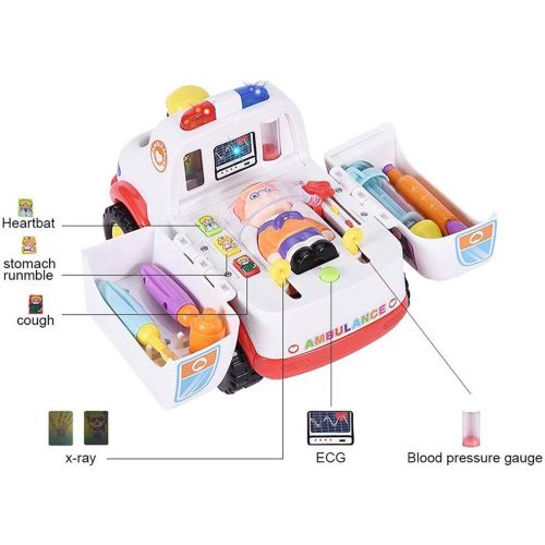  HANMUN Ambulance Rescue Vehicle Toy Car - Opening Doors Play Kit with Lights Music and Sounds Siren, 4 Equipments for Pretend Doctor Patient Medical Playset Learning Toy for Toddlers, Kid