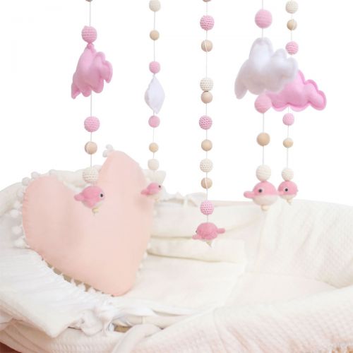  HAO JIE Baby Crib Mobiles for Girls Creative Hanging Toys Bed Bell Rattle Toys White and Pink Felt Balls Wooden...