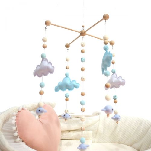  HAO JIE Baby Crib Mobile Bed Bell Rattle Toys White and Blue Cloud Cot Mobile Wooden Wind Chimes Tent Hanging Baby Boy Shower Gift Home Decor DIY Ornaments