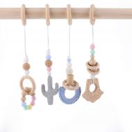 HAO JIE 4pc Wooden Baby Play Gym Mobiles Activity Gym Toys for Infant Wood Ring Cactus Handmade Rattles