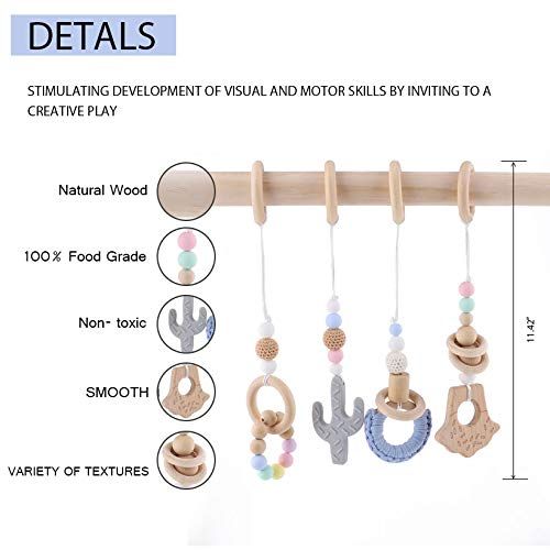  HAO JIE 4pc Wooden Baby Play Gym Mobiles Activity Gym Toys for Infant Wood Ring Cactus Handmade Rattles