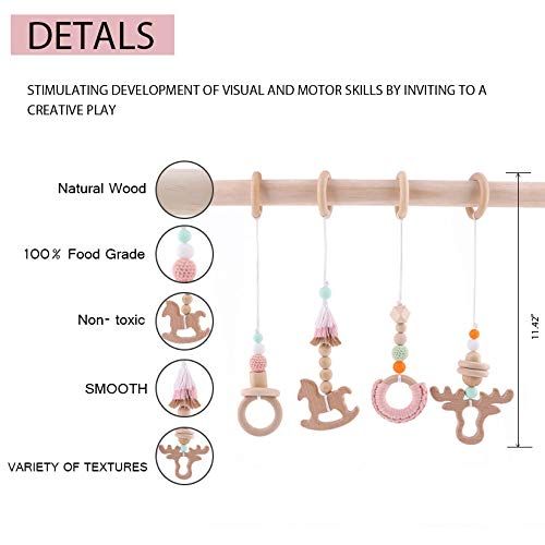  HAO JIE 4pc Wooden Baby Play Gym Mobiles Activity Gym Toys for Infant Wood Ring Cactus Handmade Rattles