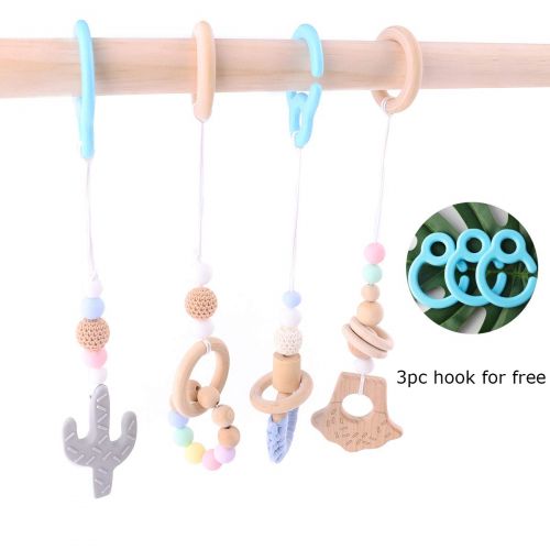  HAO JIE 4pc Wooden Baby Play Gym Mobiles Activity Gym Toys for Infant Wood Ring Cactus Handmade Rattles