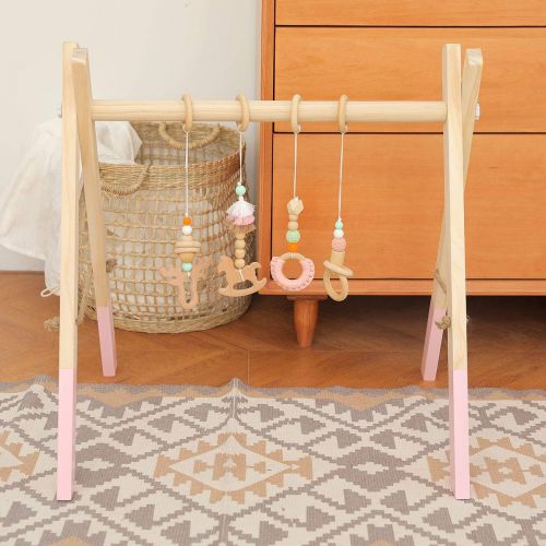  HAO JIE 4pc Wooden Baby Play Gym Mobiles Activity Gym Toys for Infant Wood Ring Cactus Handmade Rattles