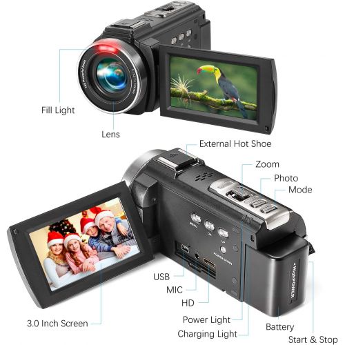  [아마존베스트]HAOHUNT Camcorder Video Vlogging HD Camera 36MP 1080P Digital Recorder, 3 Inch Touch Screen Camcorder with Rechargeable External Microphone, Remote Control, Stabilizer, 2 Batteries