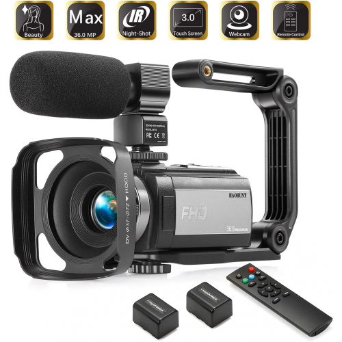  [아마존베스트]HAOHUNT Camcorder Video Vlogging HD Camera 36MP 1080P Digital Recorder, 3 Inch Touch Screen Camcorder with Rechargeable External Microphone, Remote Control, Stabilizer, 2 Batteries