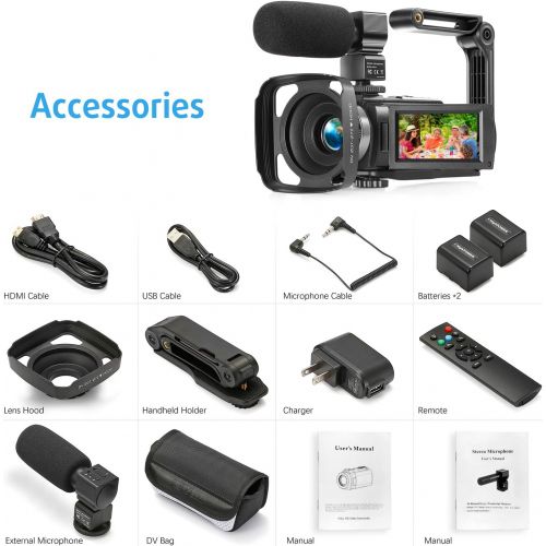  [아마존베스트]HAOHUNT Camcorder Video Vlogging HD Camera 36MP 1080P Digital Recorder, 3 Inch Touch Screen Camcorder with Rechargeable External Microphone, Remote Control, Stabilizer, 2 Batteries