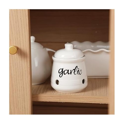  Garlic Keeper with Lid, Ceramic Mini Garlic Saver Container for Countertop, Farmhouse Kitchen Decor