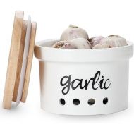 Garlic Keeper with Wooden Lid, Ceramic Garlic Saver Container for Countertop, Farmhouse Kitchen Decor