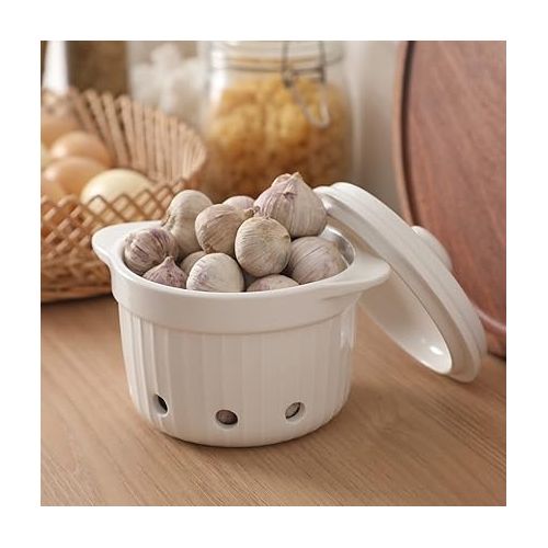  HAOTOP Garlic Keeper with Lid, Ceramic Garlic Saver Container for Countertop, Kitchen Decor (White)