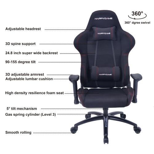  HAPPYGAME VCAS05 Racing Style Gaming Large Ergonomic High-Back Breathable Fabric Office Executive Computer Desk Chair with Headrest and Lumbar Support, Black