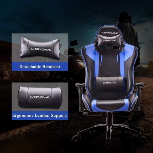  HAPPYGAME Racing Gaming Chair Oversized High-Back Ergonomic Computer Desk Office Chair PU Leather, Adjustable Headrest and Lumbar Support, Blue