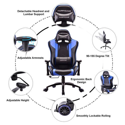  HAPPYGAME Racing Gaming Chair Oversized High-Back Ergonomic Computer Desk Office Chair PU Leather, Adjustable Headrest and Lumbar Support, Blue