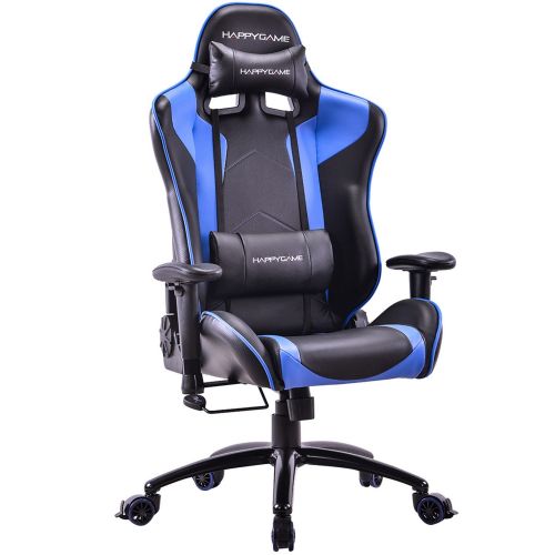  HAPPYGAME Racing Gaming Chair Oversized High-Back Ergonomic Computer Desk Office Chair PU Leather, Adjustable Headrest and Lumbar Support, Blue