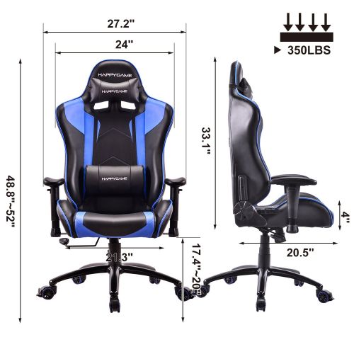  HAPPYGAME Racing Gaming Chair Oversized High-Back Ergonomic Computer Desk Office Chair PU Leather, Adjustable Headrest and Lumbar Support, Blue