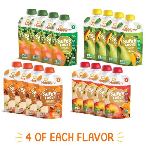  Happy Family Happy Tot Organic Stage 4 Super Foods Variety Pack, 4.22 Ounce Pouch (Pack of 16) Green Beans/Pear/Pea, Sweet Potato/Apple/Carrot/Cinnamon, Apple/Butternut/Spinach/Mango/Pear (Pack