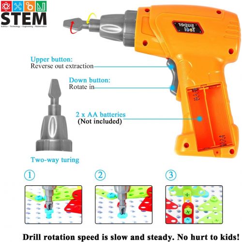  HAPTIME 237 Pieces Electric DIY Drill Educational Set, STEM Learning Toys, 3D Construction Engineering Building Blocks for Boys and Girls Ages 3 4 5 6 7 8 9 10 Year Old, Creative Games and